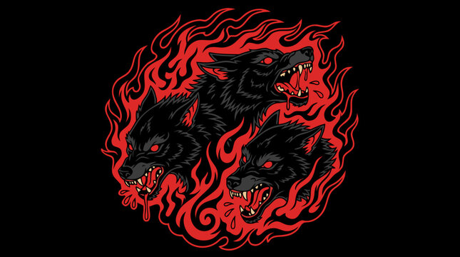 Snarling Three Headed Hellhound Illustration with Red Fire Flames and Dark Aesthetic Graphic Design