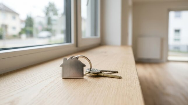 New home keys with house keychain on wooden windowsill, symbolizing home buying and new beginnings
