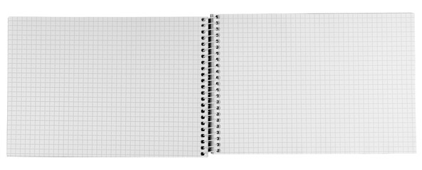 Blank open horizontal spiral notebook with graph checkered pages isolated on white background. Top view panorama notepad mockup template for engineering, math and drafting © Minakryn Ruslan 