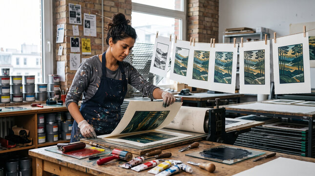 Artist inspecting handmade print artwork on pressing machine in creative printmaking studio workshop. Concept of iteration, printmaker, linocut, printing press, craft artist, handcraft. Copy space.