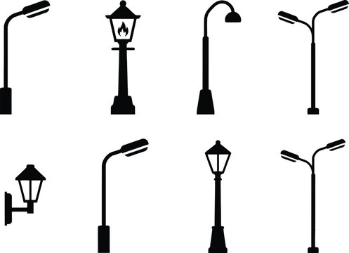 Collection of black silhouettes showing various styles of street lamps, lanterns, and outdoor lighting fixtures on a white background