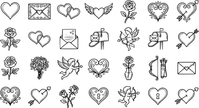 Valentines Day Romantic Line Art Vector Set Hearts Love Letters Roses and Cupids Bow

