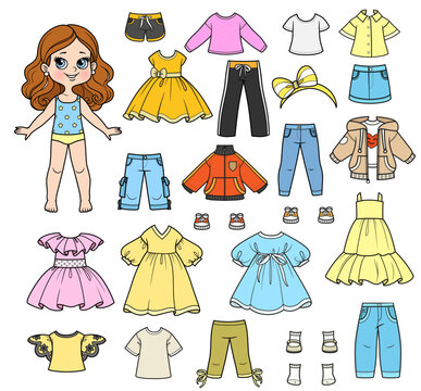 Cartoon brunette girl  and clothes separately big set -  dress, jacket, long sleeve, shirt, shorts, sandals, jeans and sneakers