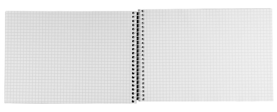 Blank open horizontal spiral notebook with graph checkered pages isolated on white background. Top view panorama notepad mockup template for engineering, math and drafting