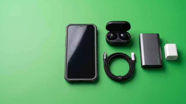 Modern smartphone and wireless earbuds on green background.