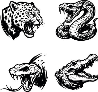 Dangerous predator mascot logo vector set featuring leopard snake and alligator