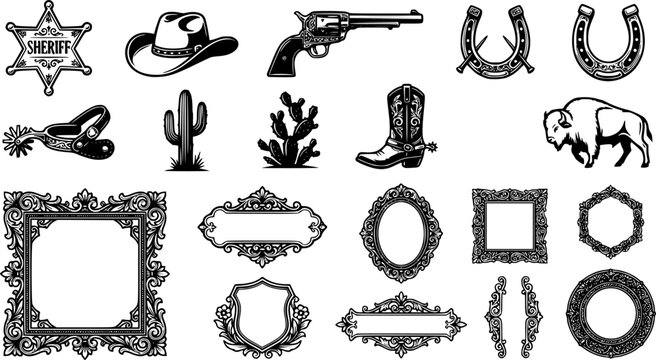 Old Western Design Elements and Ornate Frame Icon Set
