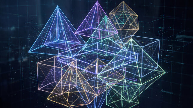 Glowing colorful geometric wireframe shapes floating against a dark digital grid background with data points with colored neon wireframe space filled digital