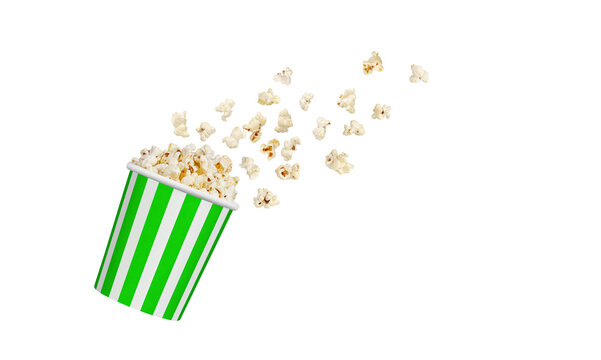 High speed studio photography of popcorn exploding out of a Green and white cup on clean white backdrop. Versatile design asset with generous negative space for fast food branding and promo layouts