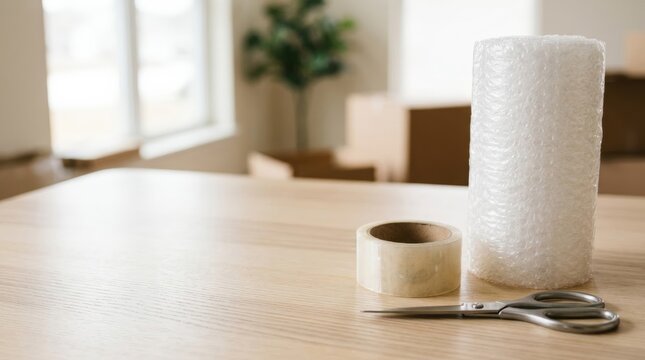 Packing tape, bubble wrap, and scissors on wooden table for moving prep, bright and organized home relocation supplies