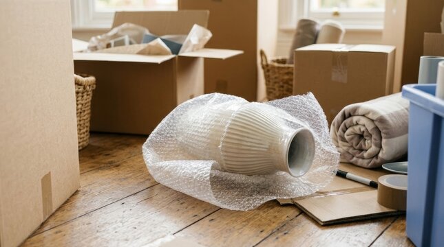 Vase bubble-wrapped for relocation among boxes and blankets on a wooden floor, bright natural light