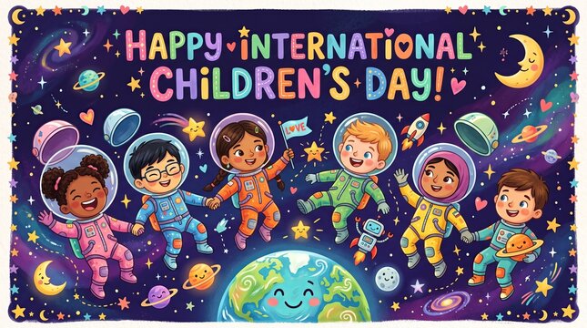 Happy international childrens day greeting banner with cute children astronauts in space kids astronauts outer space astronaut suit space theme space exploration childhood