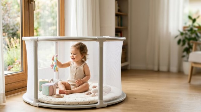 Smiling toddler plays with toys in a bright, modern playpen near a window with copy space