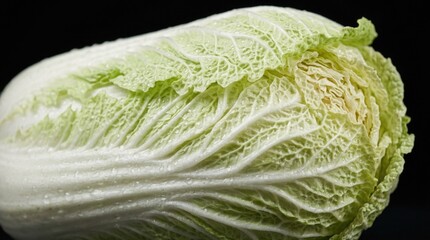 Obraz premium Fresh Napa Cabbage With Water Droplets Isolated Against Dark Black Background