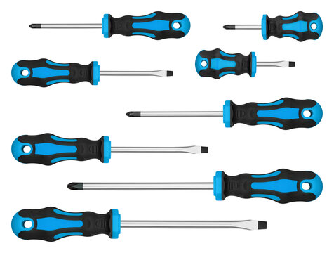 High quality chrome vanadium toolset template with Blue assorted phillips and slotted tips. Clean minimalist technical asset layout for engineering brand