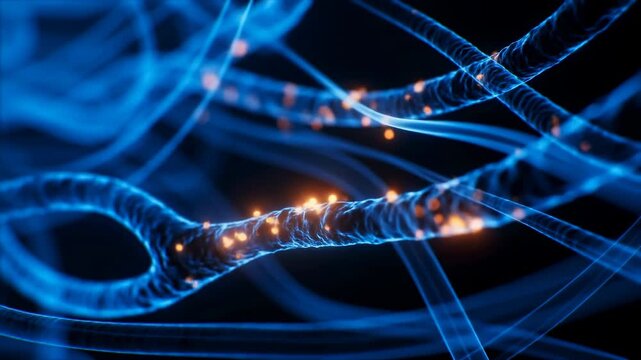 Glowing blue filaments weave through dark space as warm orange particles travel along translucent strands, crossing in layered curves with luminous depth and flowing abstract motion
