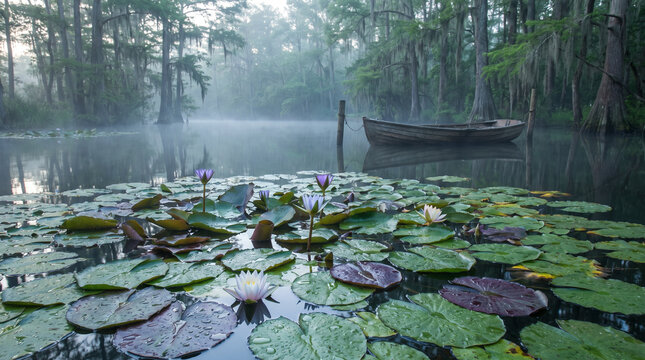 Water lilies floating on mist covered pond in cypress swamp with wooden boat at foggy morning. Concept of pads, lily pads, cypress trees, misty pond, foggy lake. Copy space.