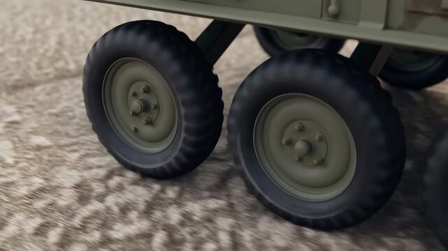 Rugged off-road vehicle wheels roll across rough rocky ground in close side view, showing deep tire tread, metal wheel hubs, suspension parts, and steady forward motion over uneven terrain