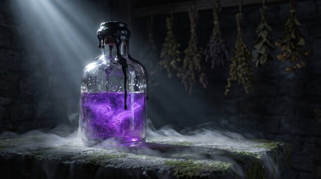 Mysterious glass potion bottle filled with glowing purple liquid standing on an old wooden table surrounded by smoke in a dark dungeon magic elixir smoke effect