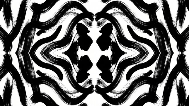Abstract black and white symmetrical brush stroke pattern design resembling zebra stripes or ink rorschach test art with ink blot graphic texture artistic backdrop