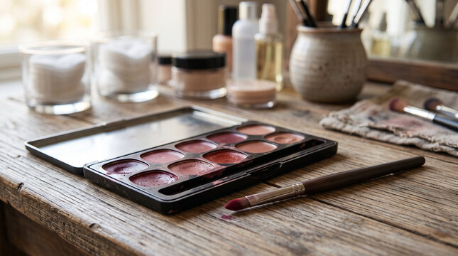 Lip brush beside open lipstick palette with colorful cosmetics set on rustic wooden vanity table in morning light. Concept of makeup, makeup palette, lip gloss palette, cosmetic tools.