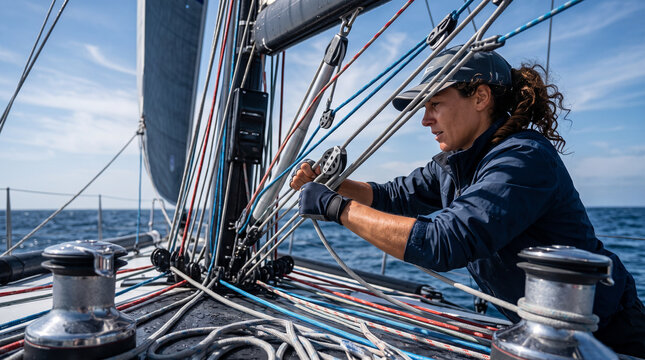 Female sailor pulling ropes on a yacht deck during a sailing race at sea. Concept of string, woman sailor, sailboat, ocean. Copy space.