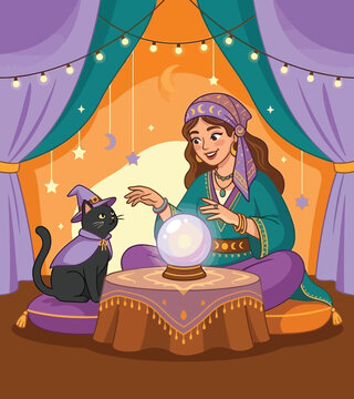 Halloween Fortune Teller Woman with Black Cat and Crystal Ball