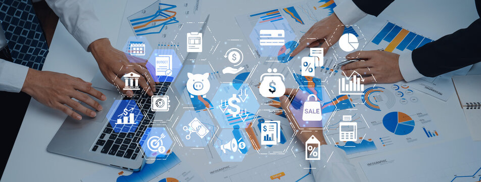 Modern budgeting and financial management icons showing finance, savings, tax, and planning. Budget supports business strategy, budget helps growth, and budgeting ensures financial control. Entice