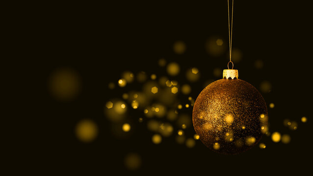 Elegant golden Christmas ornament hanging against a dark background with glowing bokeh lights. Festive holiday decoration creating a luxurious and atmospheric seasonal scene