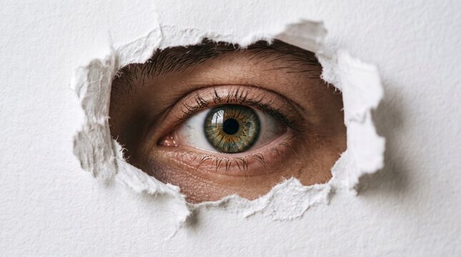 Human eye peeking through a torn hole in a white paper wall with observation curiosity discovery perspective attention surveillance awareness investigation expression