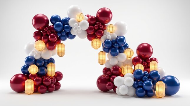 Red white and blue balloon arch with glowing paper lanterns for celebratory party decoration
