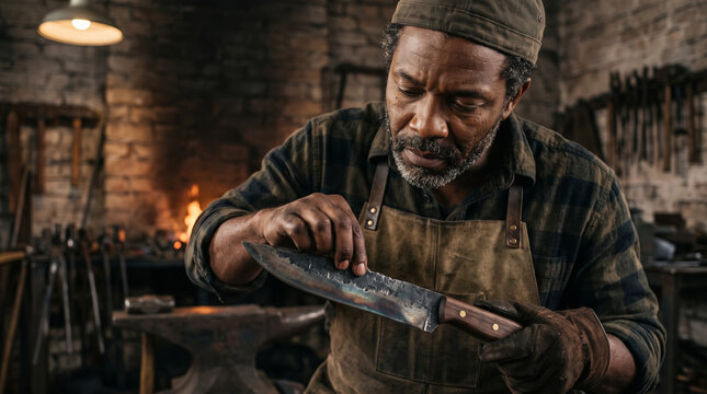 Blacksmith inspecting handcrafted steel knife edge in traditional forge workshop carefully examining blade sharp details. Concept of touch, artisan, craft. Copy space.