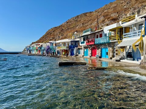 colorful Greek buildings on the sea - view of colorful Klima on Milos