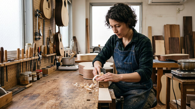 Female luthier shaping wooden acoustic guitar body using hand plane tool in workshop. Concept of work, guitar maker, woodworking, craftswoman, female artisan, carpentry, wood shaving, craftsmanship.