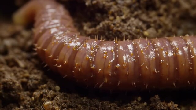 Earthworm slowly crawls across moist dark soil in extreme close-up, flexing its segmented brown body while tiny bristles and clinging soil particles catch warm directional light