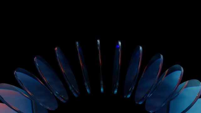 Futuristic abstract crystal rotating blue glass fan arrangement seamless loop 3D animation. 4K video 3D render transparent optic blades motion graphics.