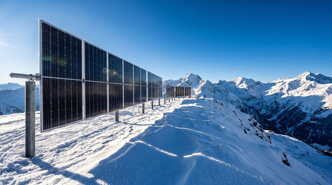 Snow shedding bifacial solar panels installed in snowy alpine mountain terrain