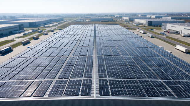Commercial warehouse rooftop covered edge to edge with sleek photovoltaic modules