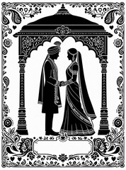 Fototapeta premium Black silhouette illustration of Indian bride and groom facing each other in traditional wedding attire with ornate henna-style patterns, floral border, and small hearts between figures.