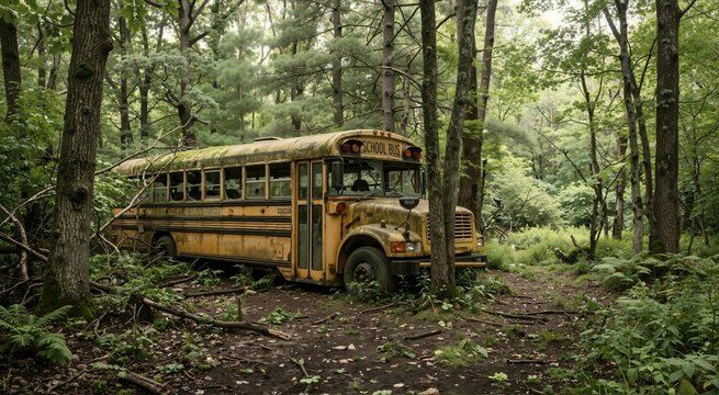 Old yellow school bus abandoned in a dense green forest. Overgrown vintage vehicle covered in moss and rust. Nature reclaiming man-made object