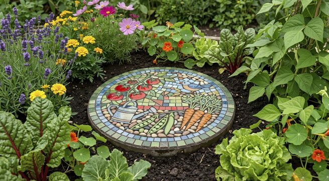 Circular garden mosaic stepping stone with vegetable and bird motifs. Decorative artwork in a flower border with lavender and cosmos. Creative backyard ornament