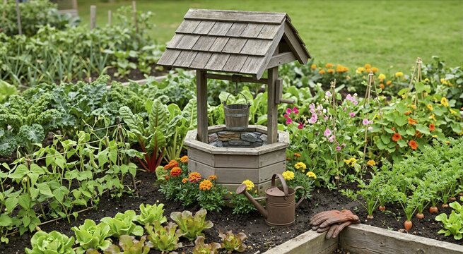 Decorative wooden wishing well in a vegetable garden. Ornamental well surrounded by flowers and leafy greens. Backyard garden design and horticulture concept