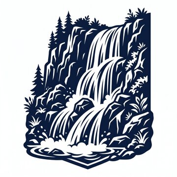 Scenic waterfall cascading over rocky cliffs with pine trees