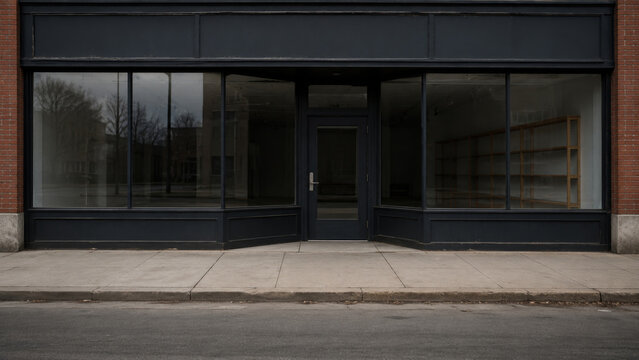 Empty closed storefront with vacant display windows and door on city street. Abandoned shop with bare shelves. Small business bankruptcy and economic crisis concept.