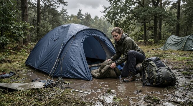 Woman packing gear at a flooded campsite in the woods. Wet blue tent in a large puddle during rainy weather. Outdoor survival and camping challenges