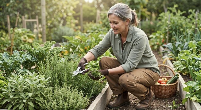 Woman cutting fresh herbs with pruners in a vegetable garden. Middle aged female gardener harvesting rosemary and thyme from a raised bed. Homegrown organic food concept