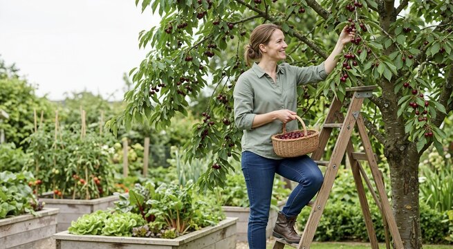 Woman picking ripe red cherries from a tree in a garden. Female gardener on a wooden ladder harvesting fruit. Summer harvest concept