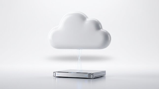 A futuristic white 3D cloud hovers above a metallic device on a clean white background, symbolizing cloud computing, data storage, and modern digital connectivity