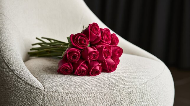 vibrant magenta rose bouquet on modern textured chair
