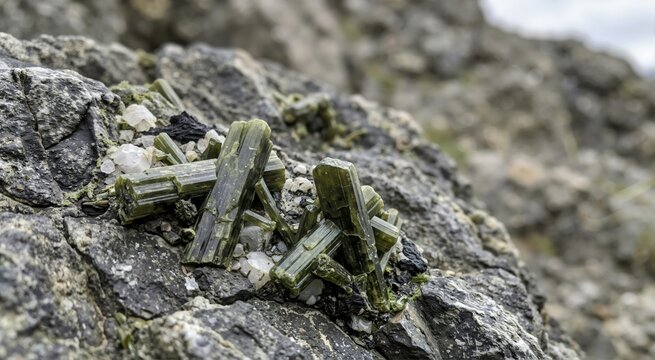 Close up of green epidote crystal clusters on a grey rocky matrix. Raw pistacite mineral specimen with white quartz